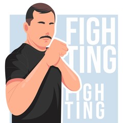 man poses ready to fight flat vector illustration