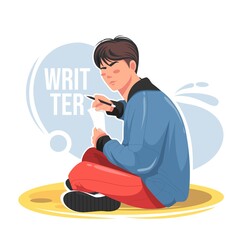 man sitting holding paper and pen flat vector illustration