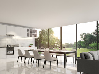 Modern black and white dining room and pantry with garden view 3d render.The Rooms have white tile floors,decorate with white furniture,There are large window Overlooking nature view with sunlight.