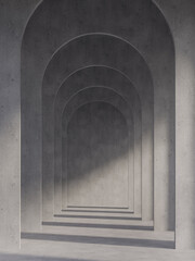 Concrete space interior with arch shape wall 3d render,sunlight shining into the room.