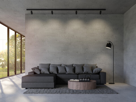 Modern loft style living room with empty concrete wall 3d render,there are polished concrete floor decorate with black fabric furniture overlooking nature view with sunlight.