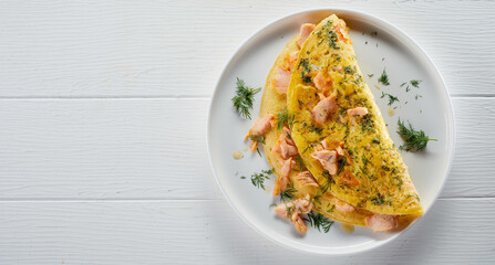 Plate with tasty omelette with fish for breakfast