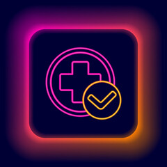 Obraz premium Glowing neon line Cross hospital medical icon isolated on black background. First aid. Diagnostics symbol. Medicine and pharmacy sign. Colorful outline concept. Vector