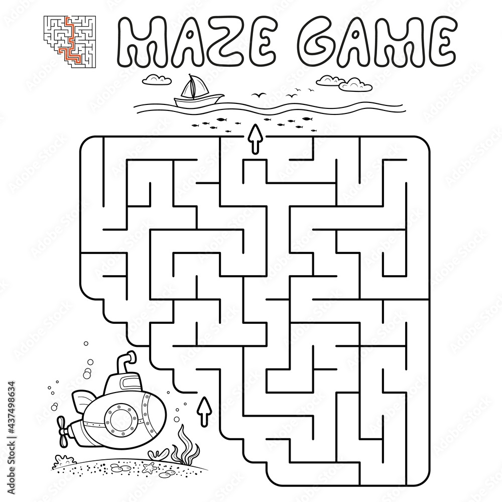 Wall mural maze puzzle game for children. outline maze or labyrinth game with submarine.