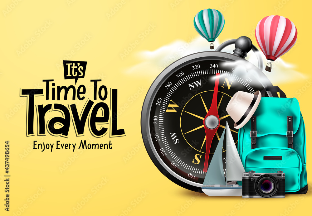 Wall mural travel time vector design. it's time to travel text in yellow empty space with traveler compass elem