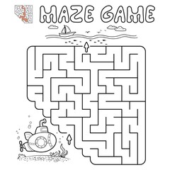 Maze puzzle game for children. Outline maze or labyrinth game with submarine.