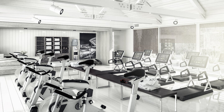 Treadmills & Bikes Inside a Gym - panoramic black and white 3D Visualization