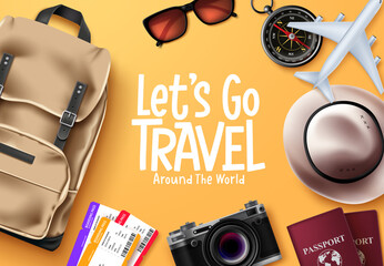 Travel vector background design. Let's go travel around the world text in yellow space with traveler elements for trip and tour vacation. Vector illustration. - obrazy, fototapety, plakaty