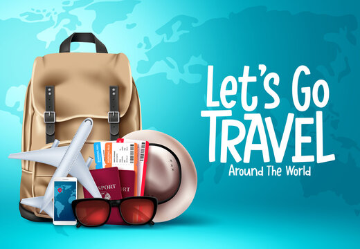 Travel vector template design. Let's go travel around the world text in blue map background for trip and tour worldwide vacation. Vector illustration
