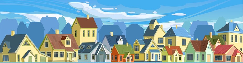 A village or a small rural town. Small houses. Street in a cheerful cartoon flat style. Small cozy suburban cottages. Clouds and sky. Vector.