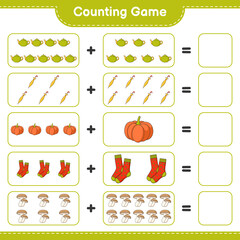 Counting game, count the number of Tea Pot, Umbrella, Pumpkin, Socks, Shiitake and write the result. Educational children game, printable worksheet, vector illustration