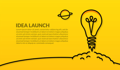 Light bulb launching to space on yellow background, Creative ideas for business startup concept