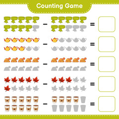 Counting game, count the number of Scarf, Tea Pot, Hat, Maple Leaf, Coffee Cup and write the result. Educational children game, printable worksheet, vector illustration