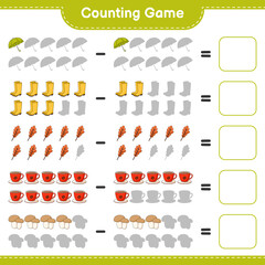 Counting game, count the number of Umbrella, Rubber Boots, Oak Leaf, Coffee Cup, Mushroom Boletus and write the result. Educational children game, printable worksheet, vector illustration