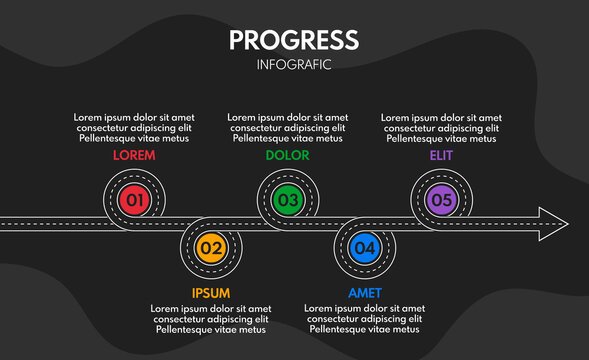 5 steps road map or timeline progress infographic, vector template, dark background