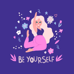 Plus-size woman. Girl Power. Feminism. Doodle style. The body is positive. A beautiful plump girl is engaged in fitness. Love yourself. Love your body. Flat doodle style. The girl does a body stretch.