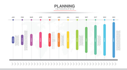 Year planner, 12 months, 1 year, Timeline infographics design vector and Presentation business can be used for Business concept with 12 options, steps or processes, goal in graph