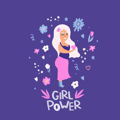 Plus-size woman. Girl Power. Feminism. Doodle style. The body is positive. A beautiful plump girl holds a heart in her hands. Love yourself. Love your body. Flat doodle style.