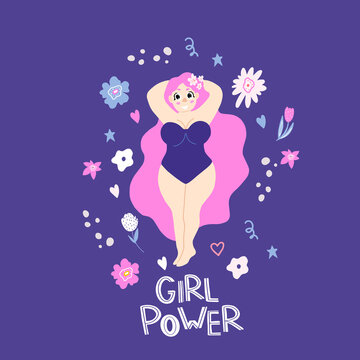 Woman plus size in a swimsuit. Girl Power. Feminism. Doodle style. Body positive. Beautiful plump girl posing in a swimsuit. Love yourself. Love your body. Flat doodle style. 