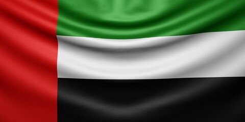 Obraz premium Hanging wavy national flag of United Arab Emirates with texture. 3d render.