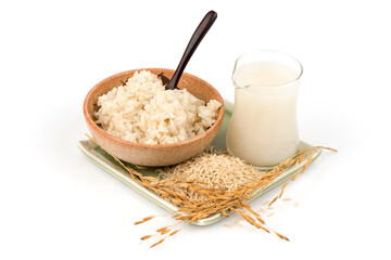 Brown rice ,steamed rice and brown rice water isolated on white background.