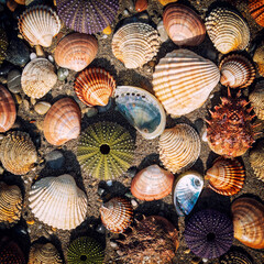 collection of colorful sea urchins and various shells under direct sunlight on wet sand beach, natural pattern background