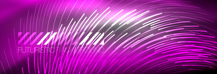 Neon glowing lines, magic energy and light motion background. Vector wallpaper template