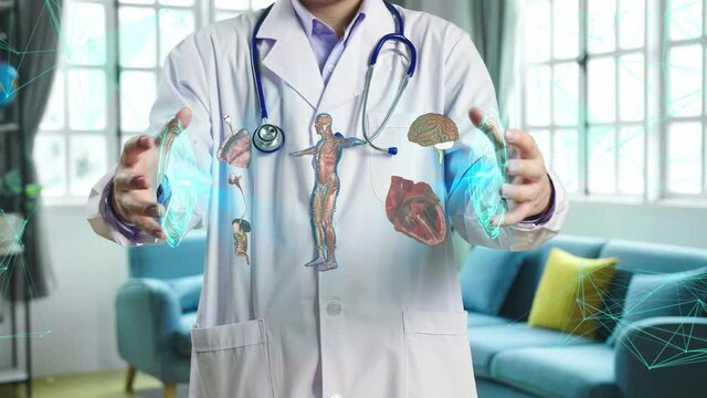 Doctor Working With Holographic Scan Projection 3D Rendering, Lung, Brain, Heart, Digestive System 
