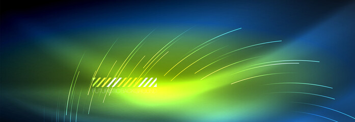 Neon glowing lines, magic energy and light motion background. Vector wallpaper template