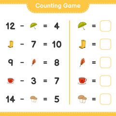 Counting game, count the number of Umbrella, Rubber Boots, Oak Leaf, Coffee Cup, Mushroom Boletus and write the result. Educational children game, printable worksheet, vector illustration