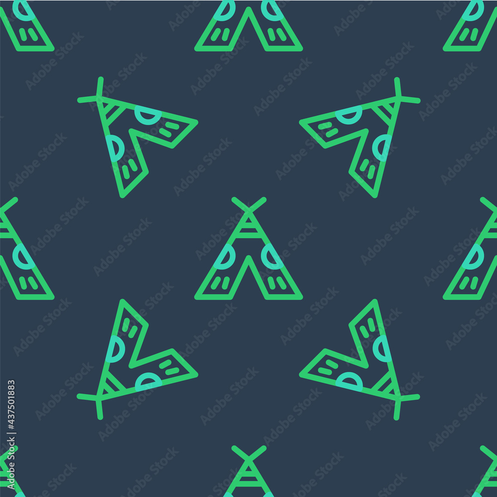 Sticker line traditional indian teepee or wigwam icon isolated seamless pattern on blue background. indian t