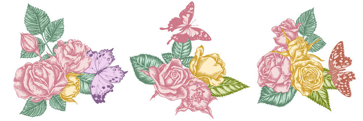 Flower bouquet of pastel lemon butterfly, purple spotted swallowtail, forest mother-of-pearl, roses