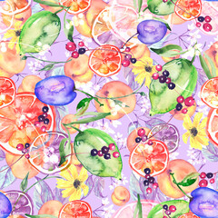 watercolor pattern - flowers, branch, peach, apricot, plum. Lemon branch, lime, orange. Vintage pattern. A floral pattern with fruits, twigs. calendula flower, sunflower.Branch with berries, currant