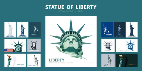 Statue of Liberty set of green design templates. Banner, geometric colorful flat design. Welcome to New York. Booklet, album poster. Ad text name. X-banner. Information banner, vector illustration
