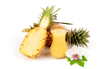 Pineapple fruit and juice isolated on white background.