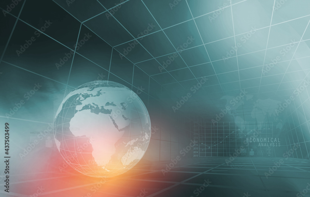 Poster 3d rendering of global economical analysis graph, the earth globe in the center of 3d grid lines