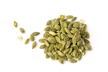 Pumpkin seeds isolated on white background.top view,flat lay.
