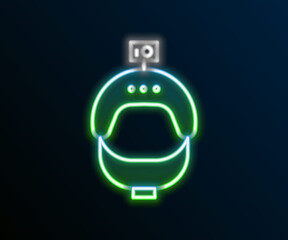 Glowing neon line Helmet and action camera icon isolated on black background. Colorful outline concept. Vector