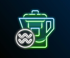 Glowing neon line Water jug with a filter icon isolated on black background. Colorful outline concept. Vector