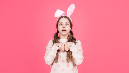 feeling amazed. happy easter holiday. funny child in rabbit ears. amazed teenager girl in sleepwear.