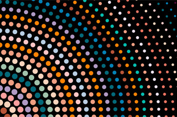 Abstract halftone background, colorful dots mosaic pattern on black. Interesting geometric pattern vector design.  