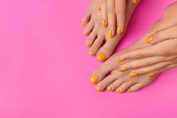 Womans hands and feet on pink background. Body treatment. Spring summer nail design