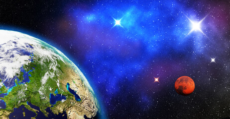 Earth planet and Mars over Nebula and galaxies in deep space. Science fiction fictional cosmic background illustration with NASA earth textures.