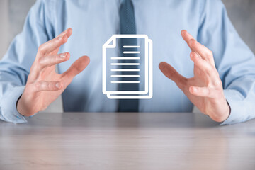 Hand holding a document icon in his hand Document Management Data System Business Internet...