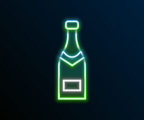 Glowing neon line Champagne bottle icon isolated on black background. Colorful outline concept. Vector
