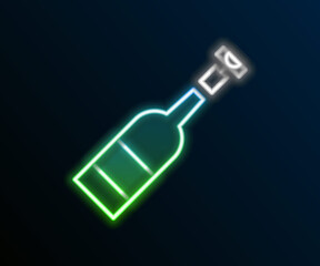 Glowing neon line Opened bottle of wine icon isolated on black background. Colorful outline concept. Vector