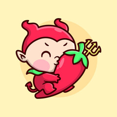CUTE KID IN RED DEVIL COSTUME IS RIDING A BIG RED CHILI AND KISSING IT. HIGH QUALITY CARTOON MASCOT DESIGN.
