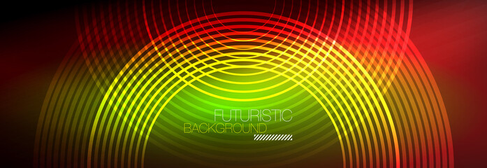 Obraz premium Dark abstract background with glowing neon circles. Trendy layout template for business or technology presentation, internet poster or web brochure cover, wallpaper