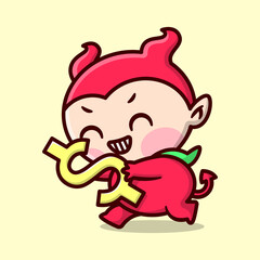 CUTE KID IN RED DEVIL COSTUME IS SMILING  AND BRING A GOLDEN DOLLAR SIGN. HIGH QUALITY CARTOON MASCOT DESIGN.