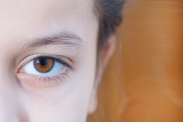The brown eye of a child looks at the camera. Close-up photo. Half face.